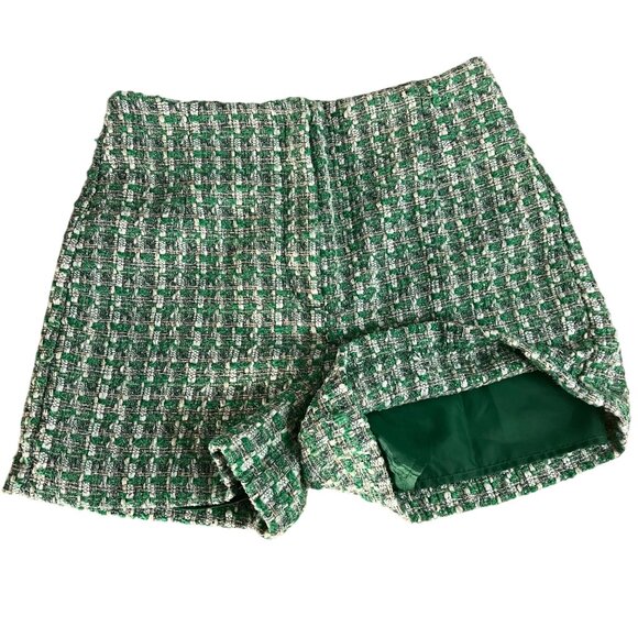 Tweed Woven Green Plaid Shorts with Sateen Lining - Picture 2 of 7
